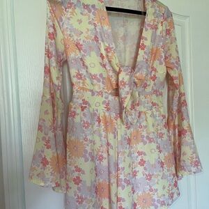 Pink Lily Floral Tie-Front Romper - Yellow and Pink